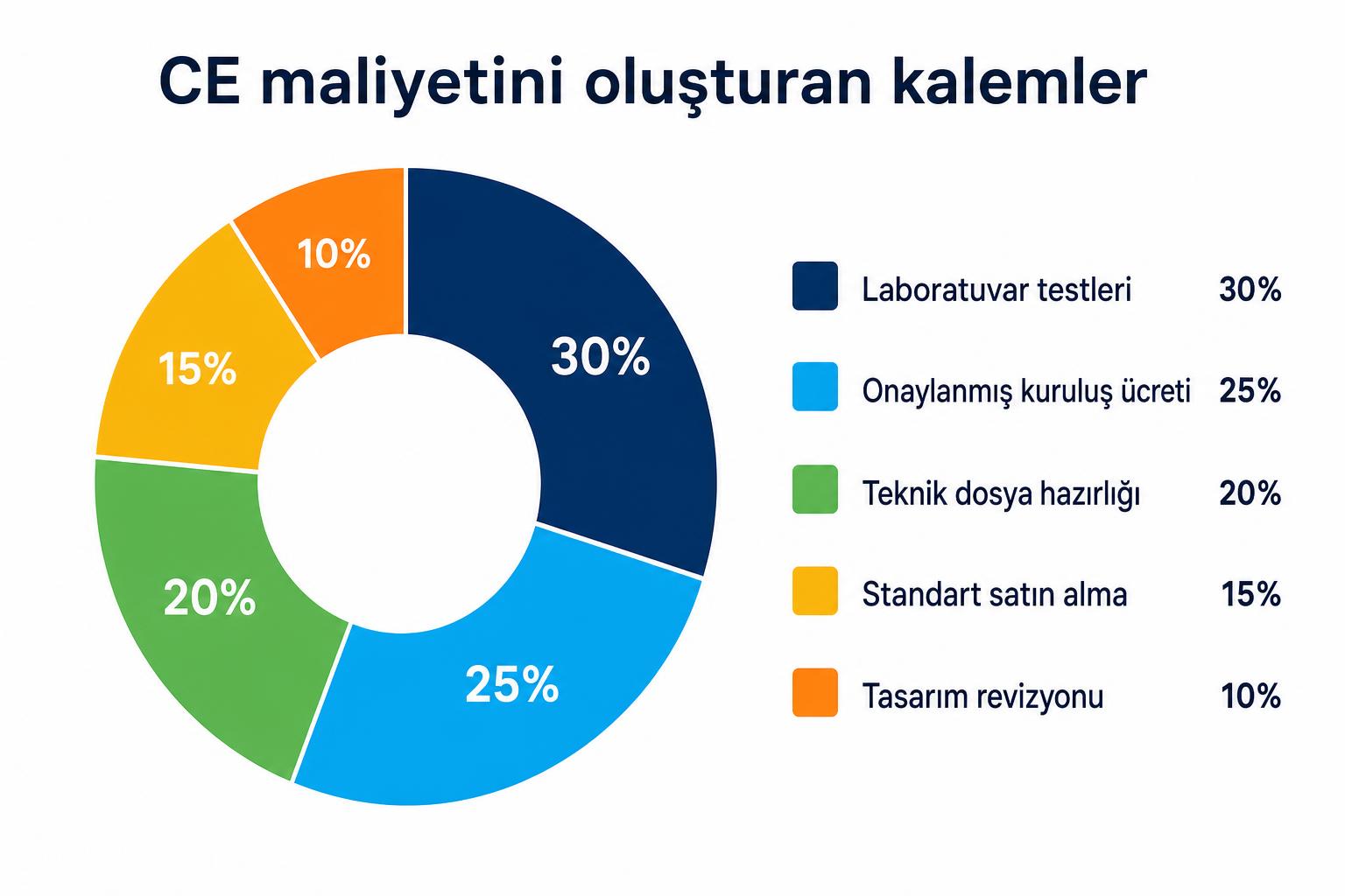 CE belgelendirme maliyetini oluşturan kalemlerin dağılımını gösteren halka grafik