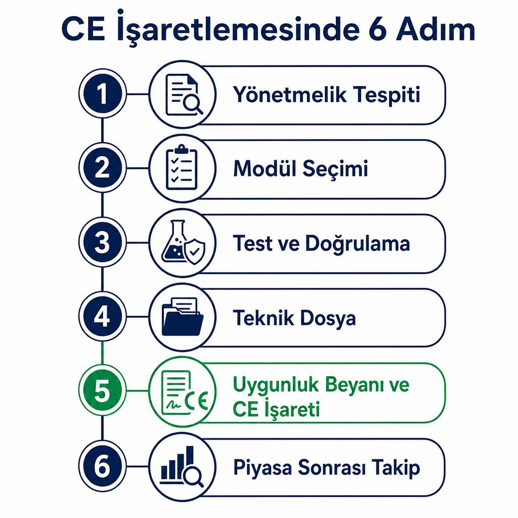 CE işaretlemesinde altı adımı gösteren dikey akış şeması: yönetmelik tespiti, modül seçimi, test ve doğrulama, teknik dosya, uygunluk beyanı ve piyasa sonrası takip