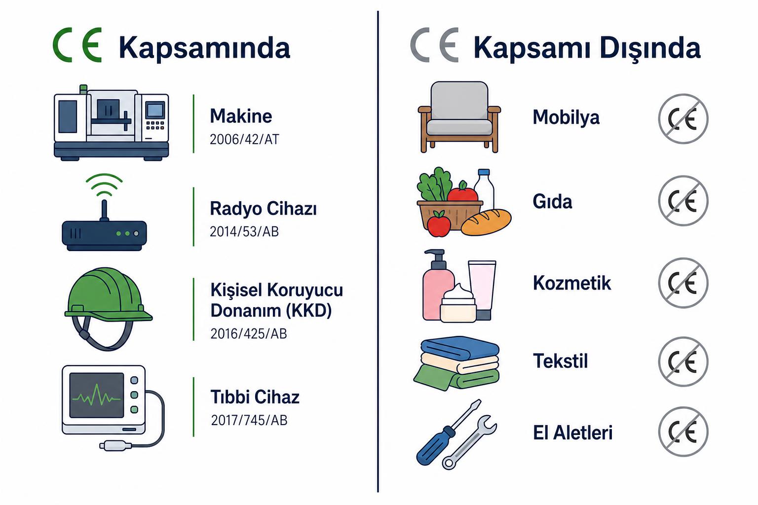 CE kapsamındaki ve kapsam dışındaki ürünleri karşılaştıran infografik