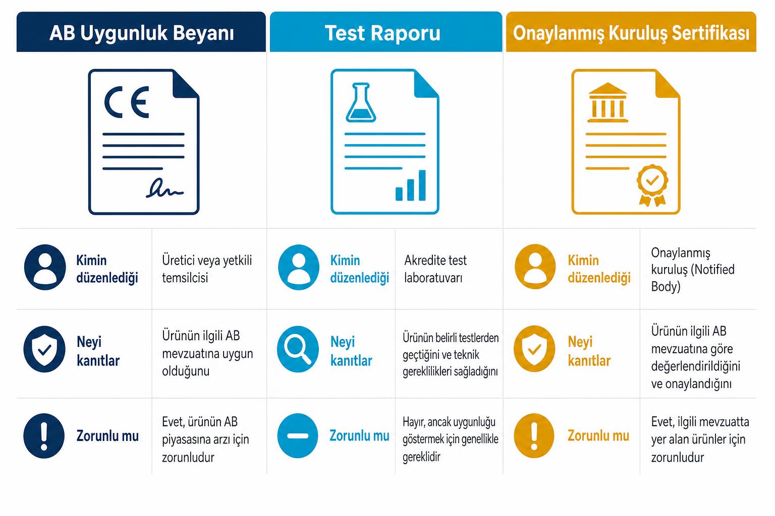 Uygunluk beyanı, test raporu ve onaylanmış kuruluş sertifikasını karşılaştıran tablo