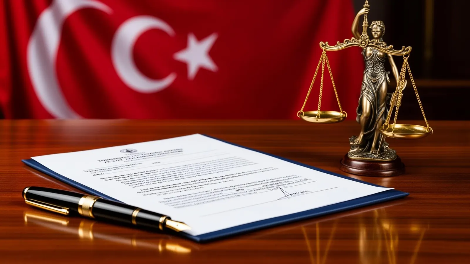 Türk bayrağı önünde 4703 ve 7223 sayılı kanun belgeleri ve adalet terazisi